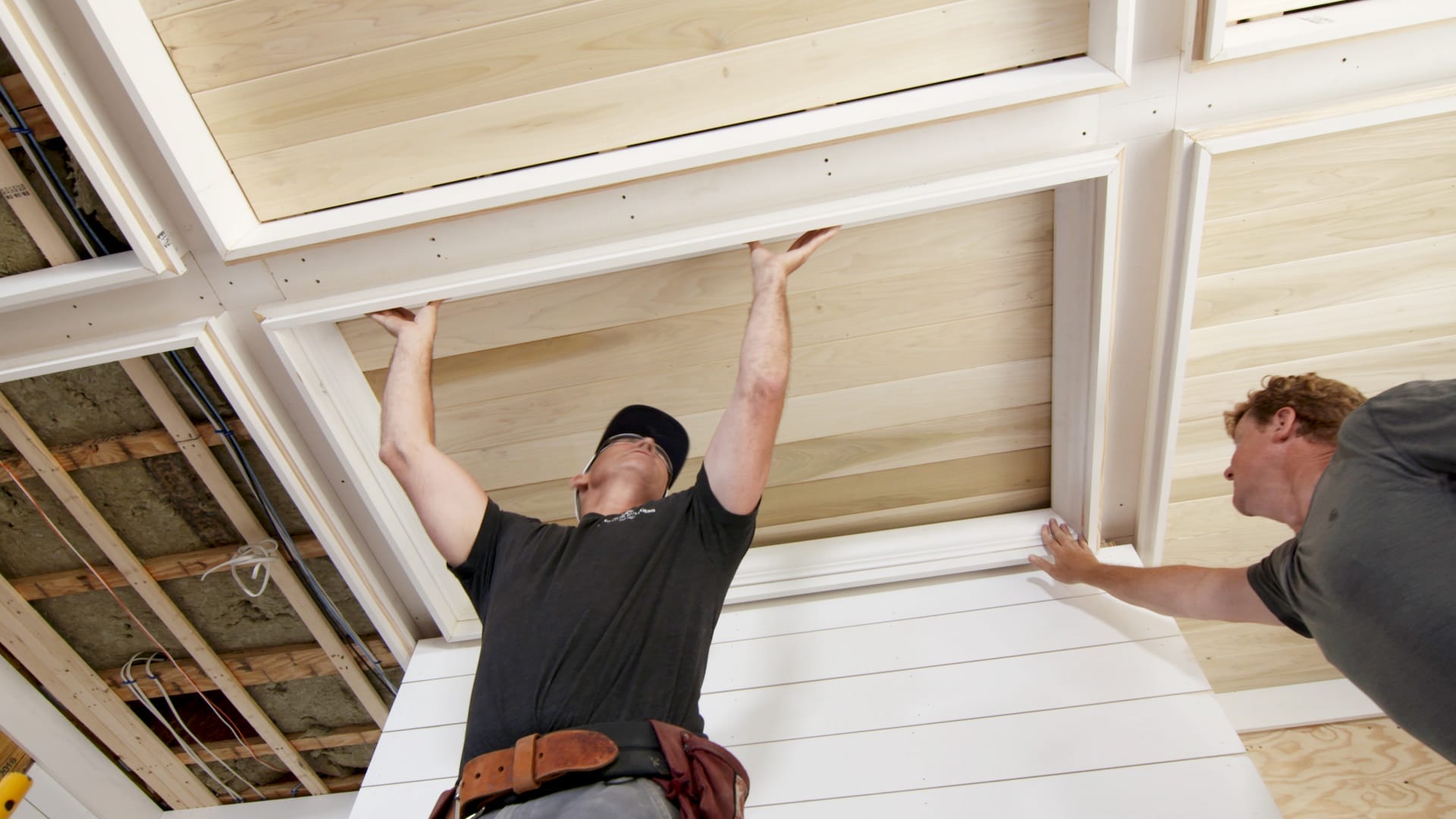 Jeff Sweenor, Tom Silva, and Kevin O'Connor discuss adding crown molding to coffered ceiling at the Westerly House