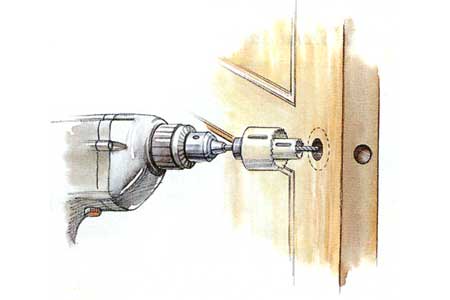 A drill being used to enlarge a hole.
