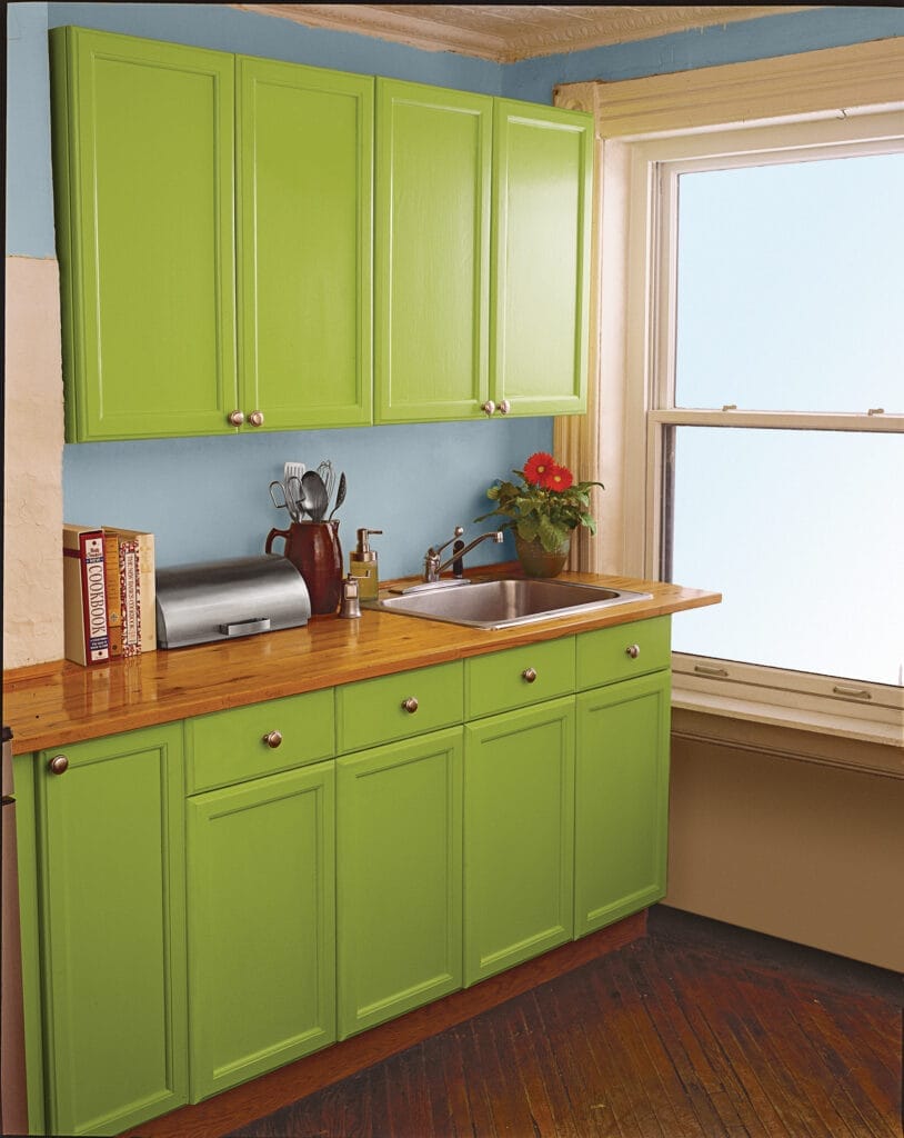 Green kitchen cabinets.