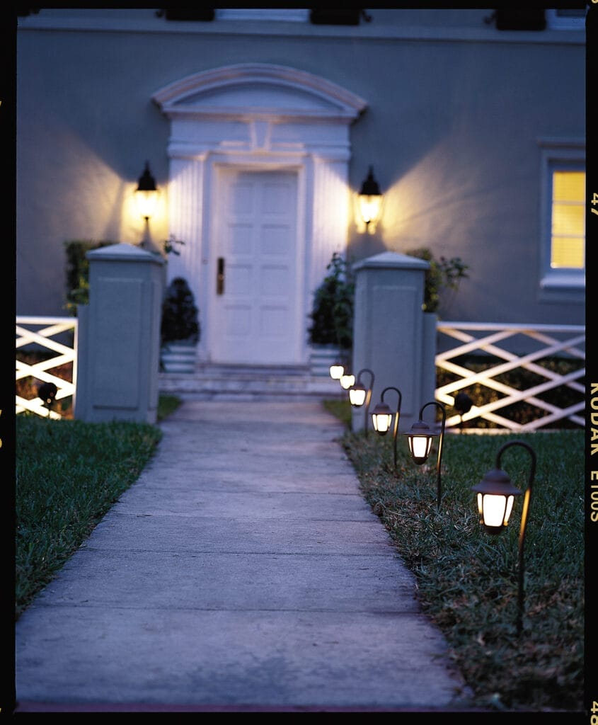 A house with landscaping lights.