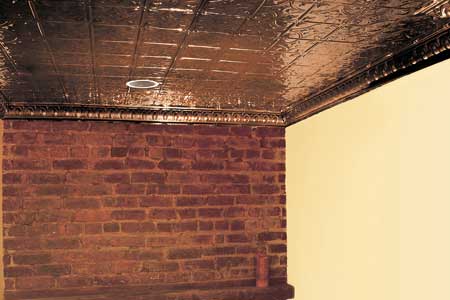 Room with a brick wall and tin ceiling