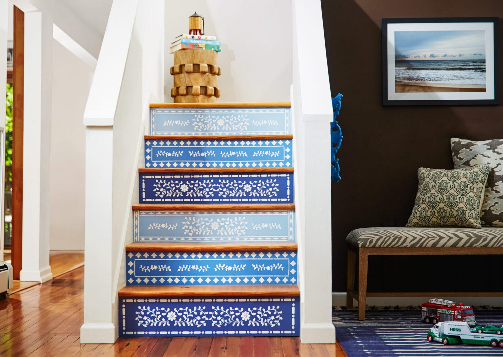 Stencil painted stair risers.