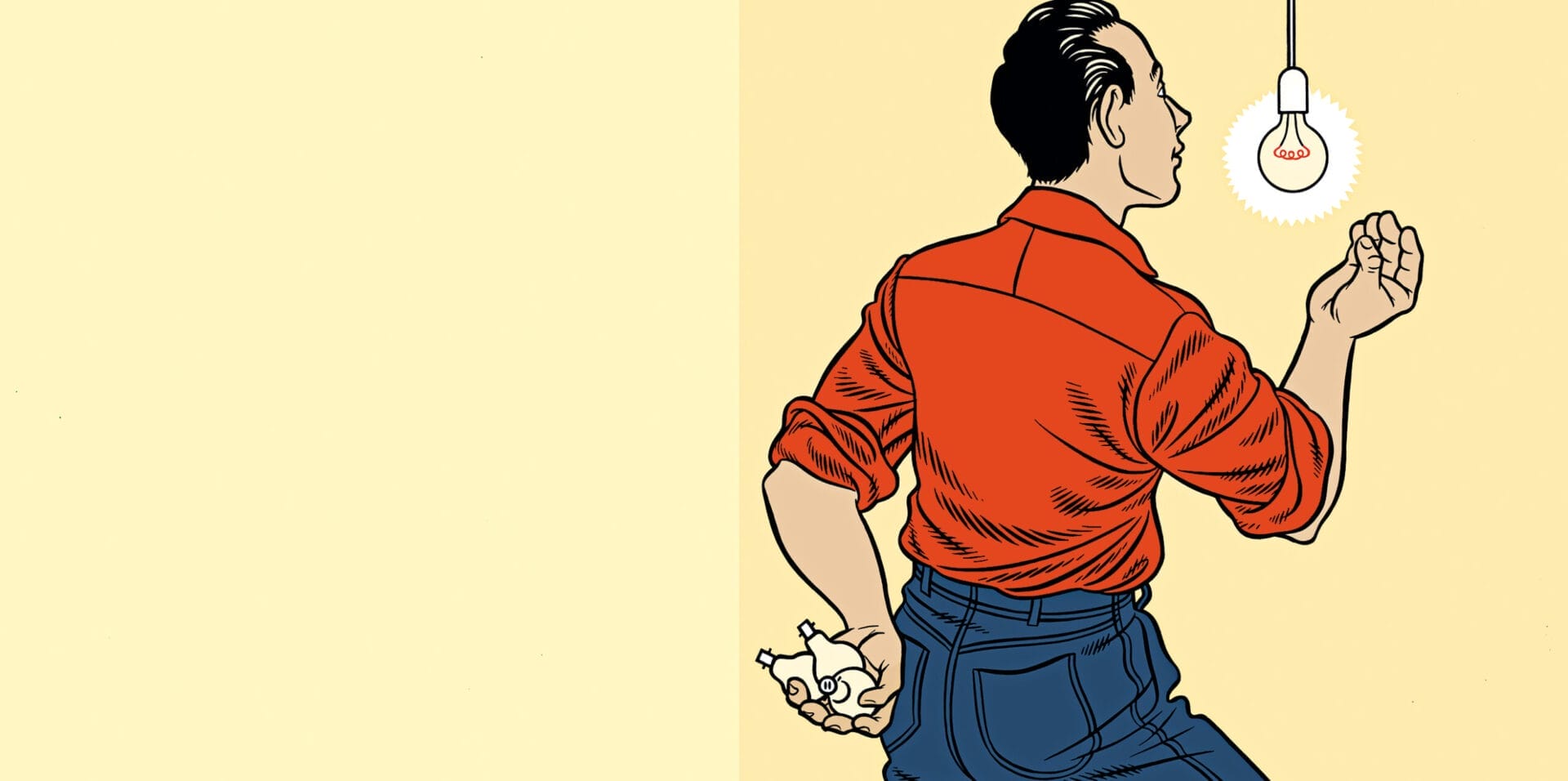 Illustration of a man switching to a greener lightbulb.