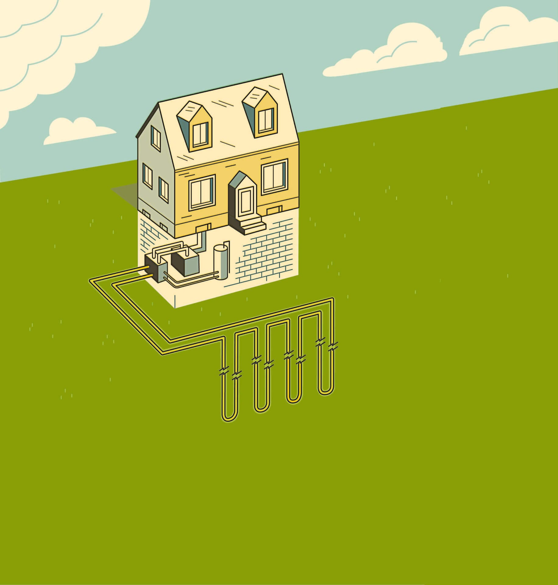 Illustration of a house with a geothermal heat pump system.