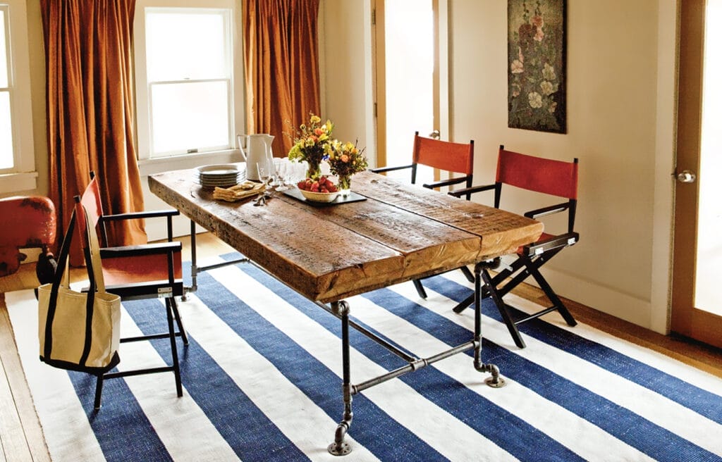 A wooden table made of salvaged wood.
