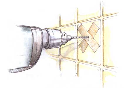 Illustration of a drill drilling a hole into tile through masking tape.