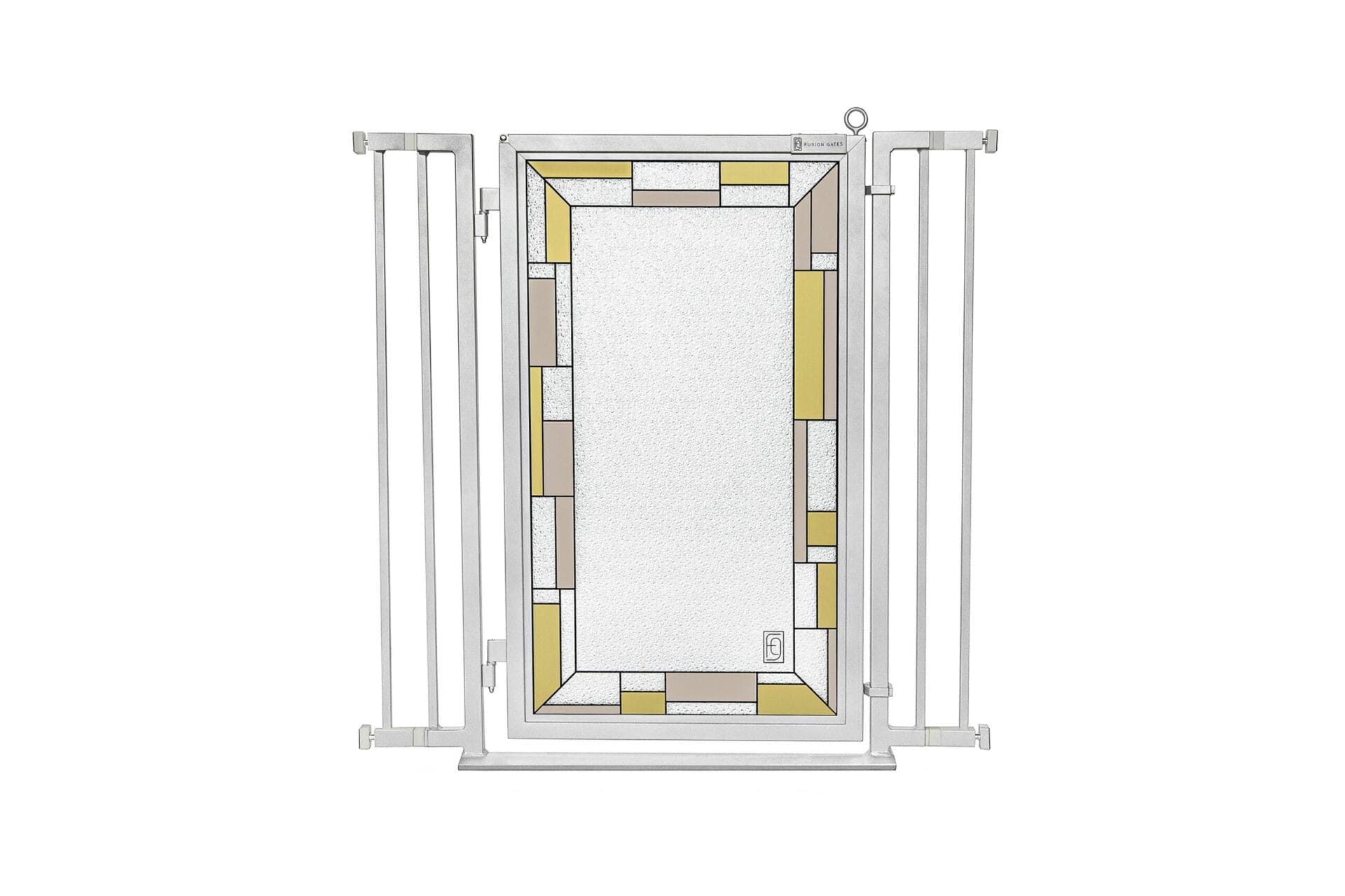 Customizable pet gate with interchangeable decorative door panel.