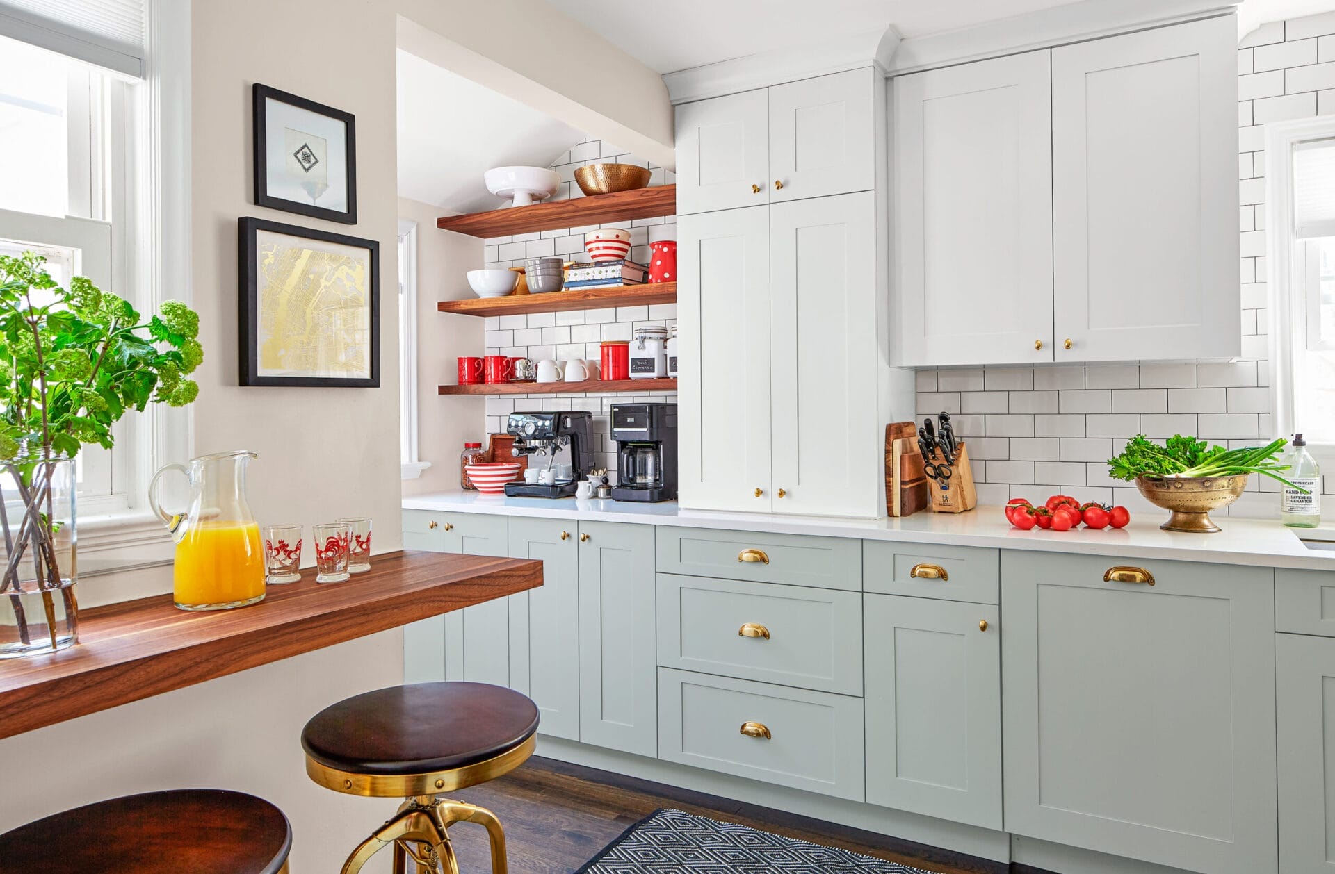 Kitchen showing improved flow with open shelving.