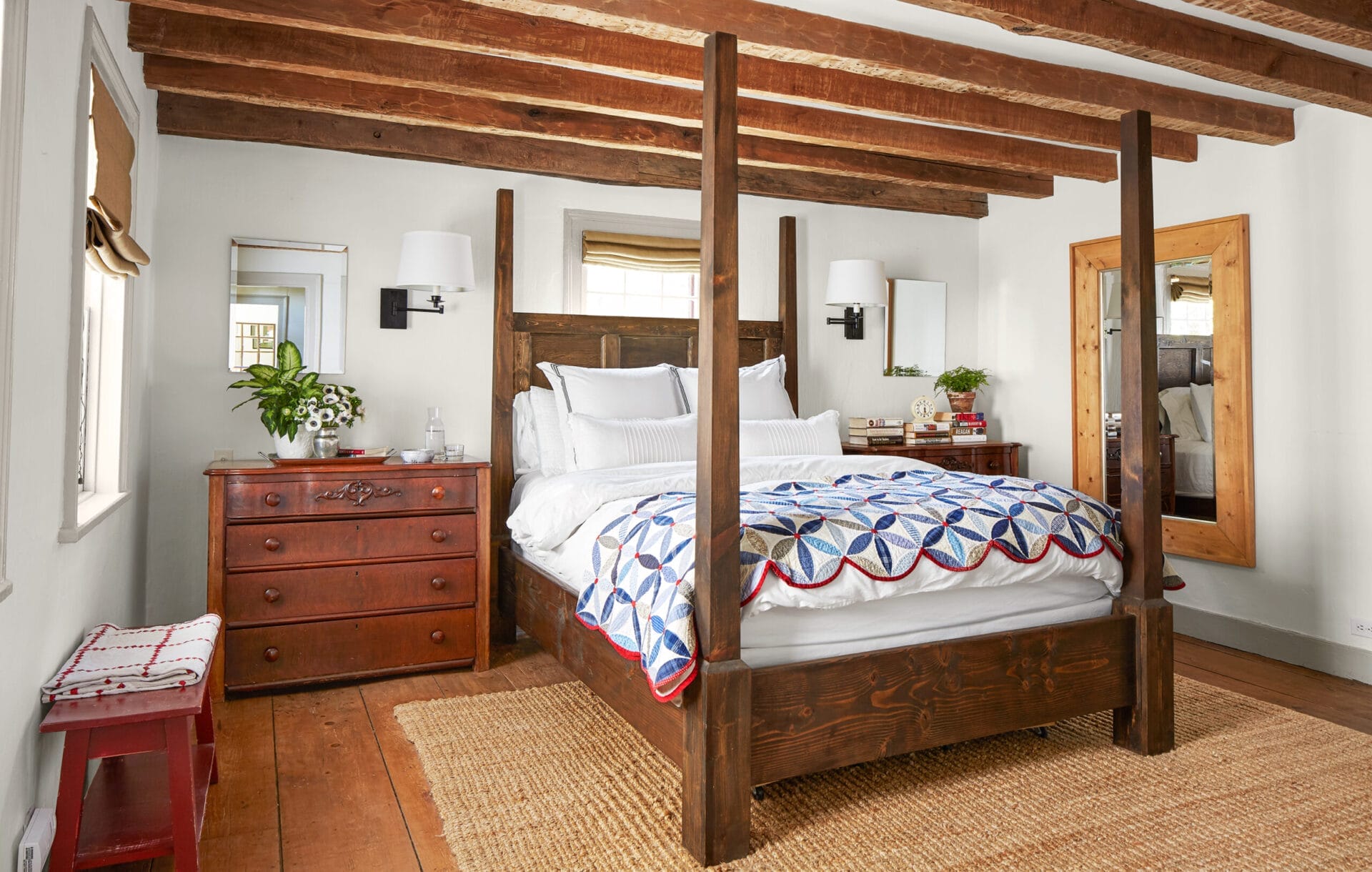 The master bedroom with exposed beams.