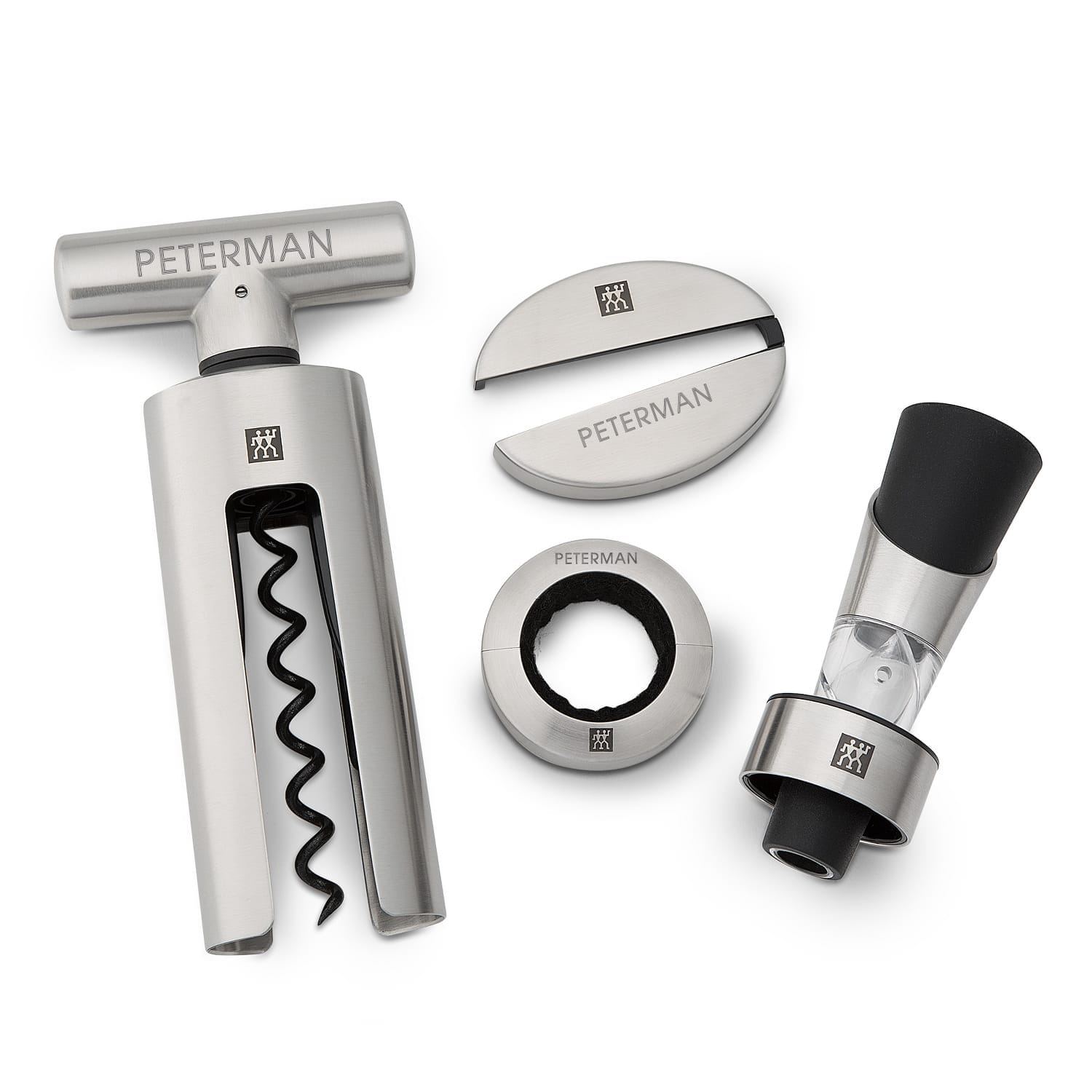 A wine accessories set personalized with the name "Peterman".