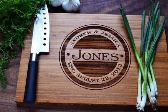 A personalized bamboo cutting board.