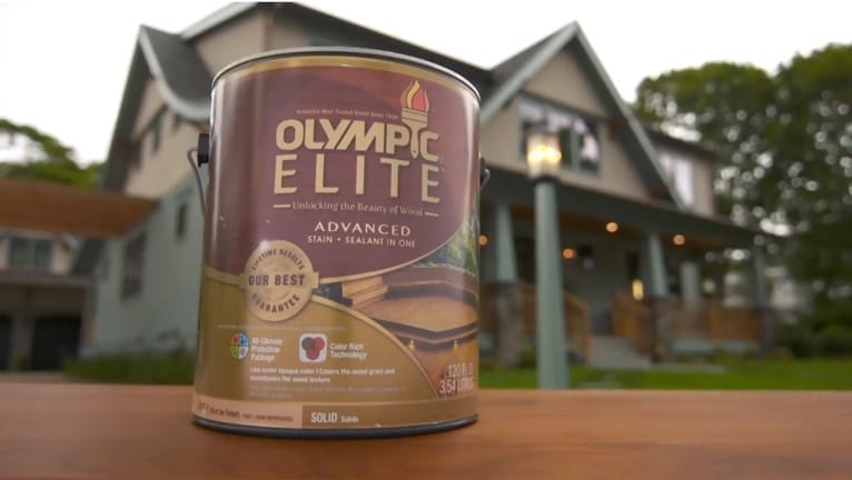 Olympic stain can product shot for exterior wood staining color selection.
