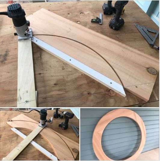 Circular cedar porthole detail crafted in center of driveway pergola.