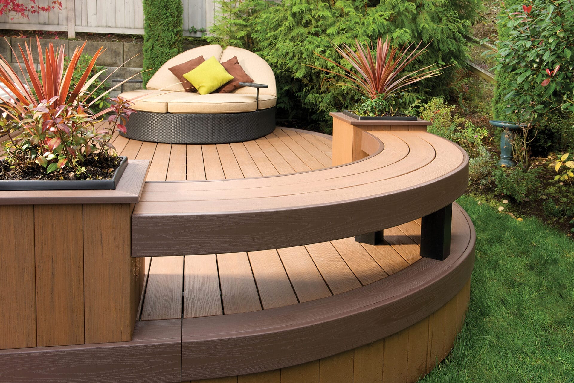 Rounded bench on the edge of a deck.