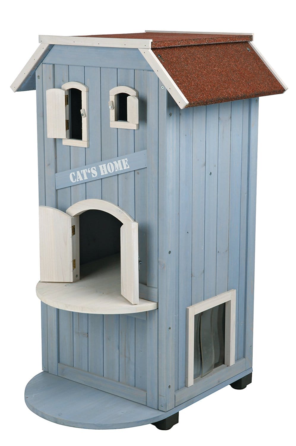Three-story cat condo with side entry flaps and multiple levels.