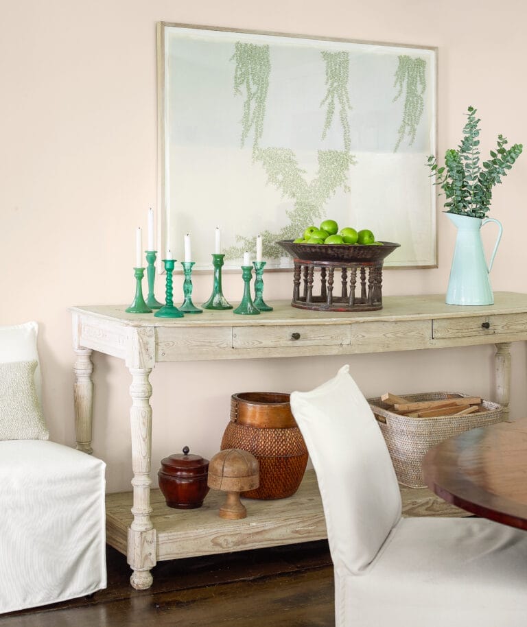 Narrow console table in the dining room.