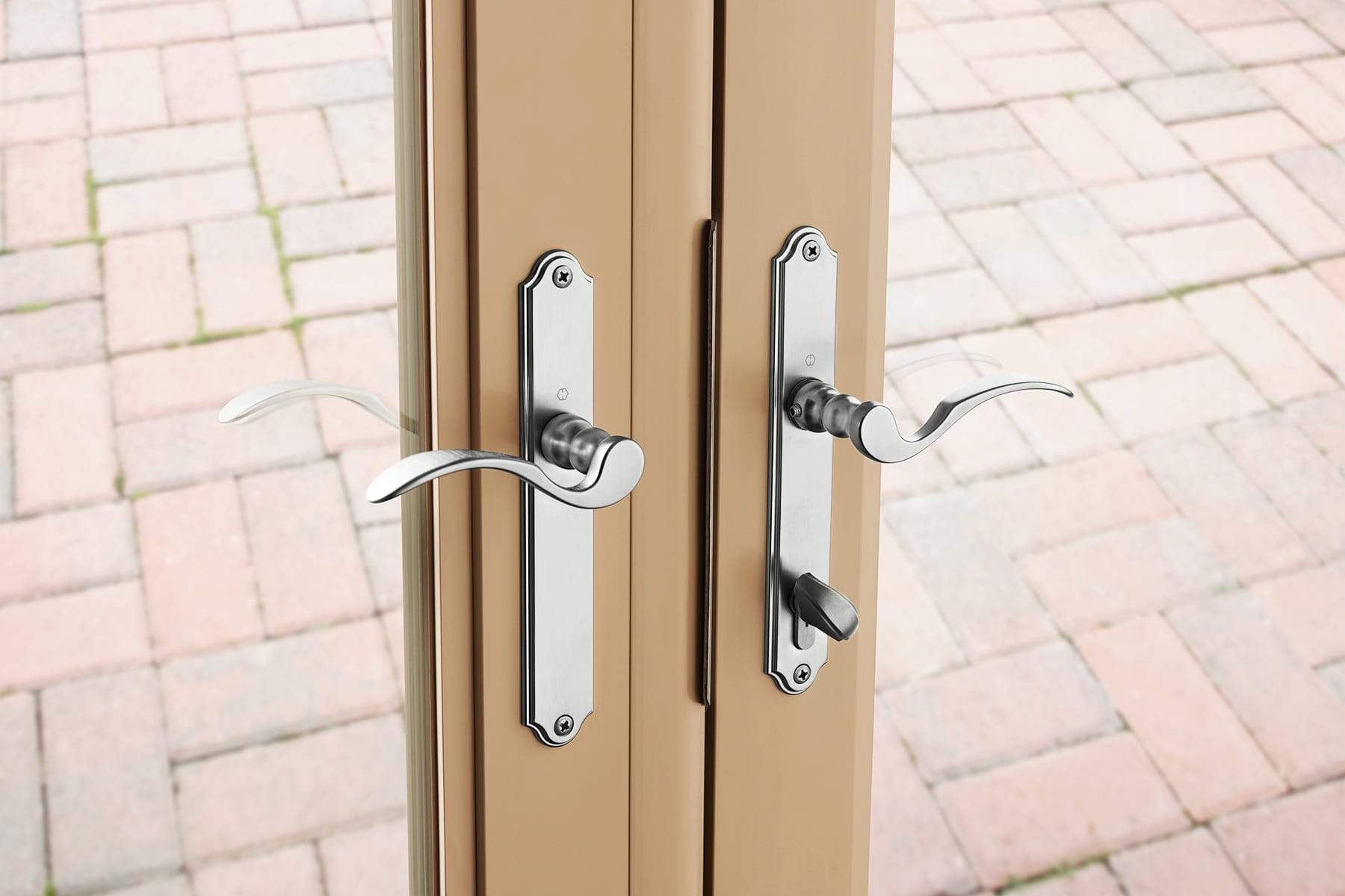 Lever handles on a French door.
