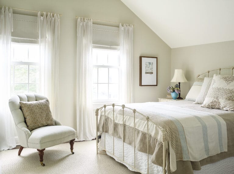 Sloped ceiling in a guest bedroom.