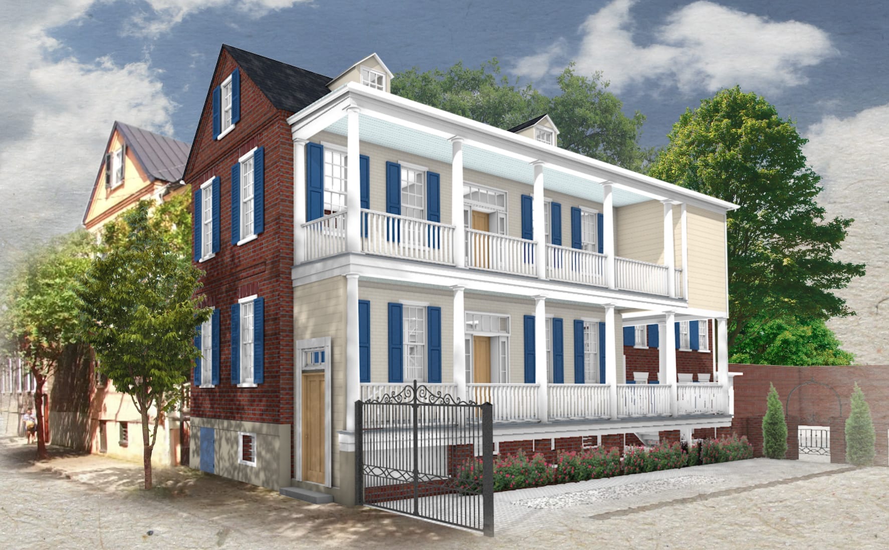 Computer rendering displaying renovated house exterior with restored features.