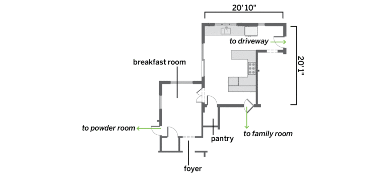 Floor plan before renovation showing isolated U-shaped kitchen layout.