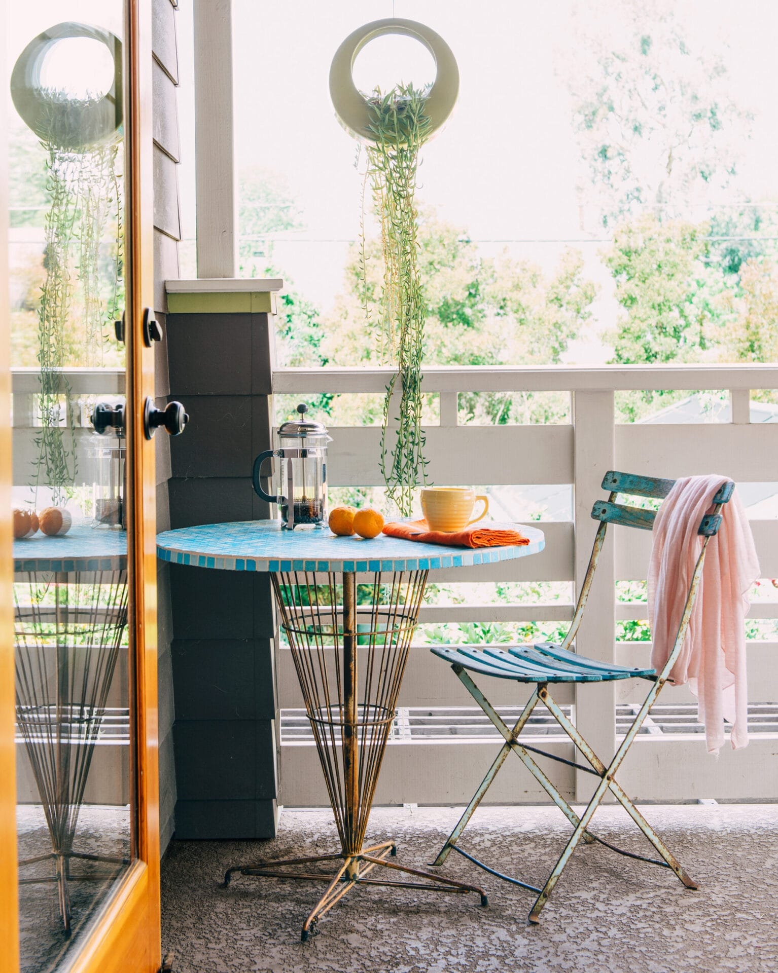 A seating area on an exterior deck.