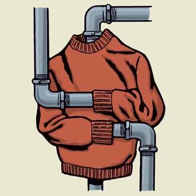 A diagram of pipes entering a sweatshirt.