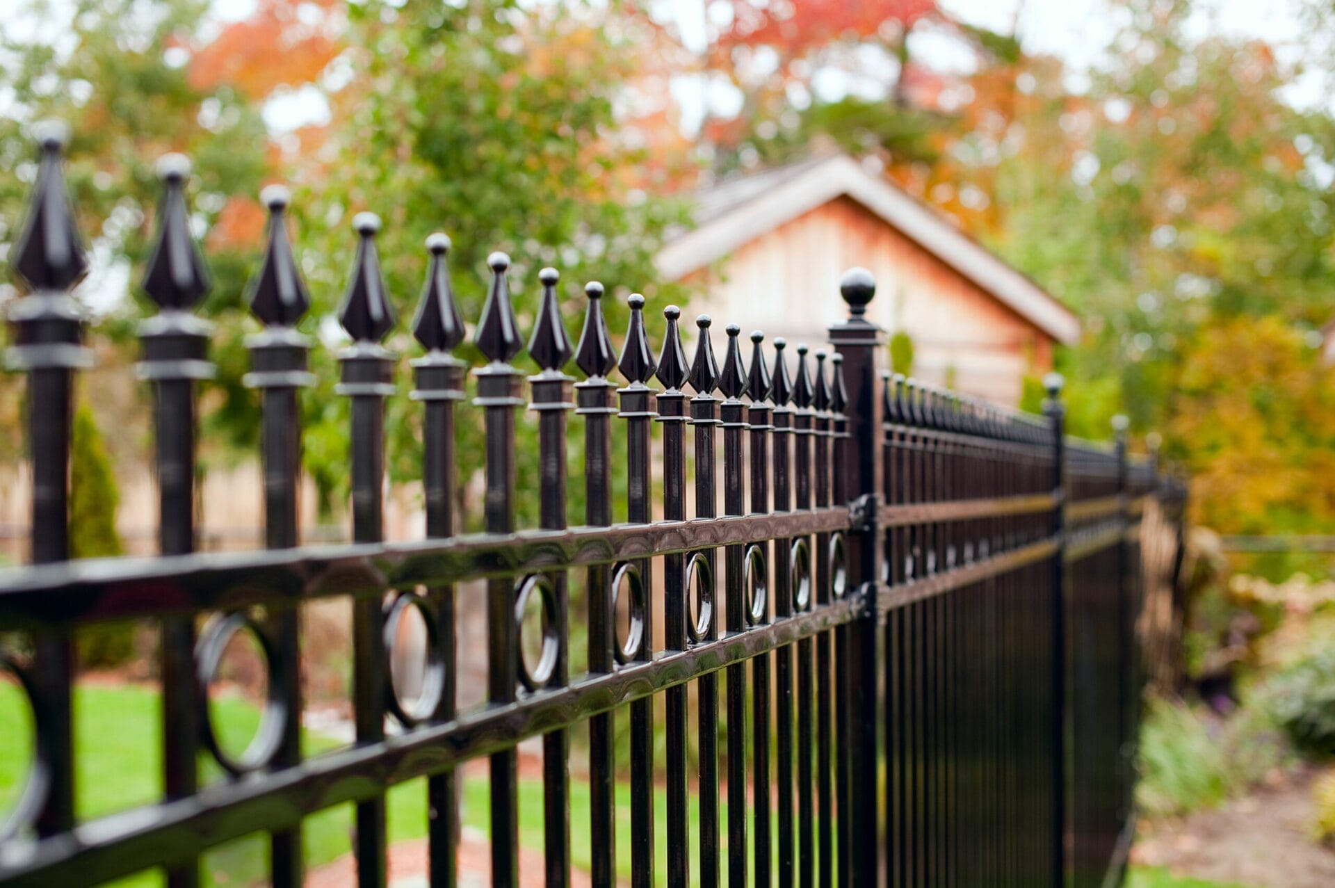 A black metal fence in a yard.