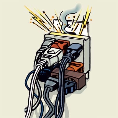 A diagram of an outdated electrical system and the fire hazard it poses.