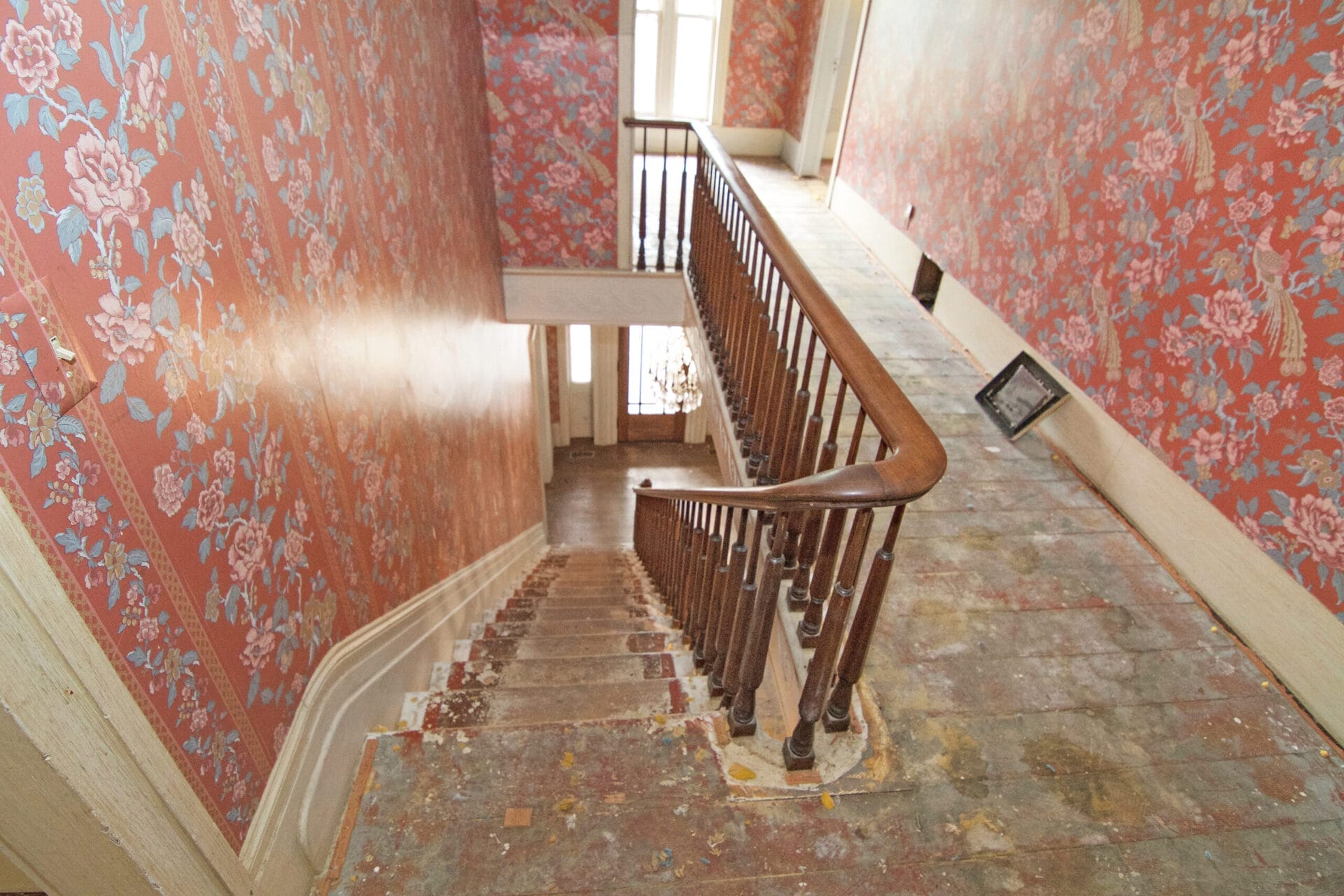 A view down the staircase showing wide-plank hardwood floors.