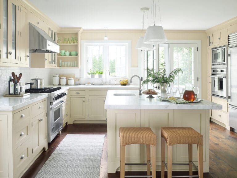 White marble countertops in a kitchen.