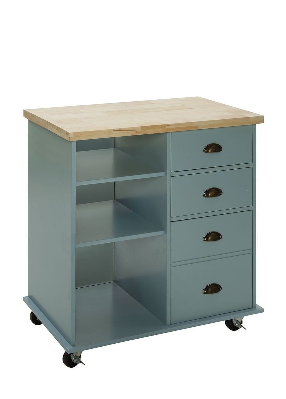 Mobile kitchen cart with three shelves and four drawers on locking wheels.