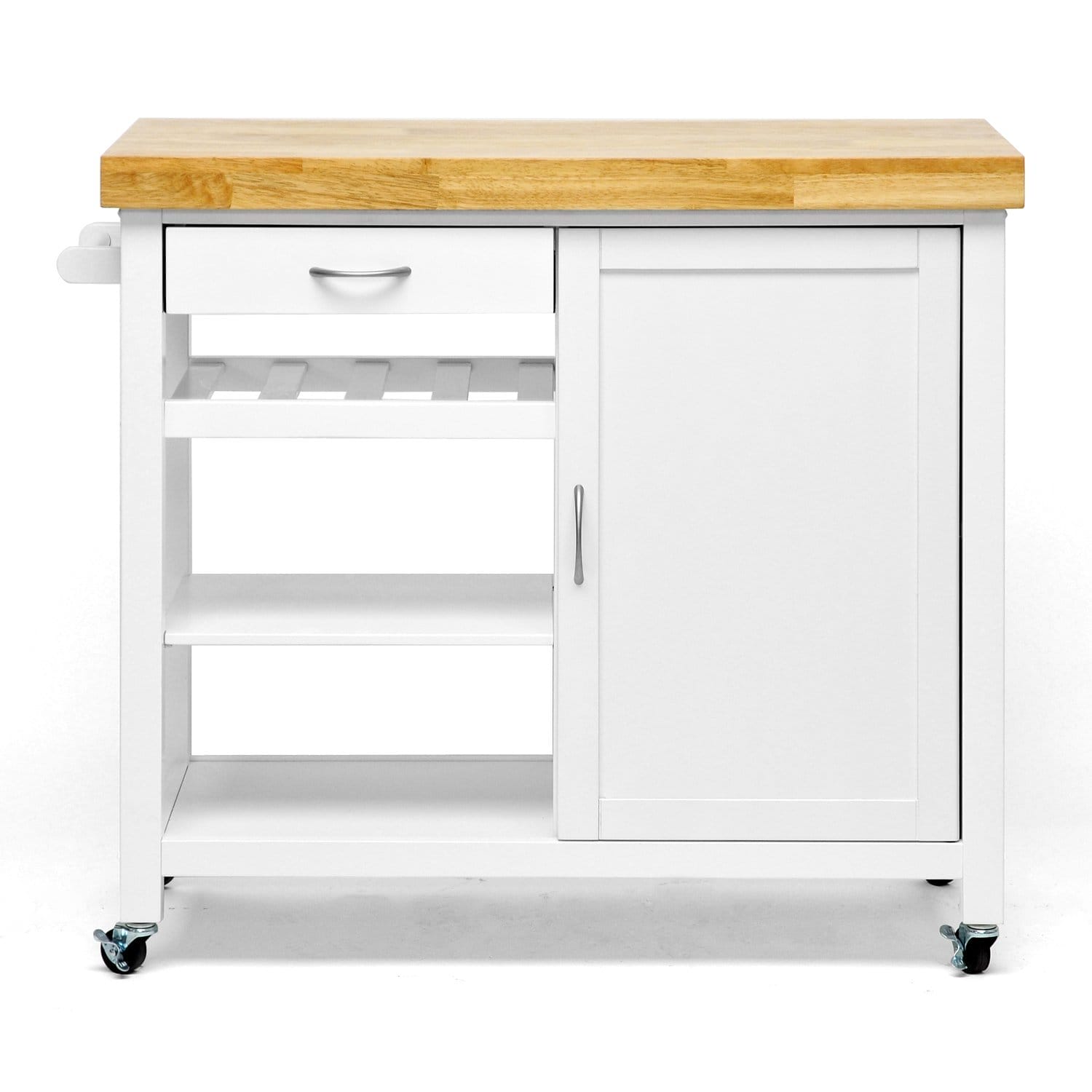 White cottage-style kitchen cart with cabinet door and wine rack.