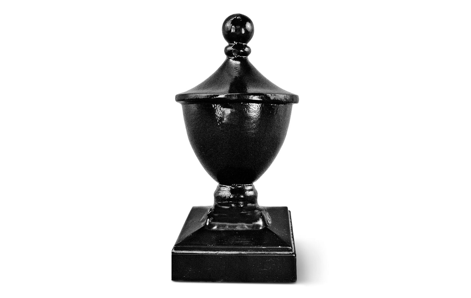 An aluminum fence post cap with an acorn like shape.