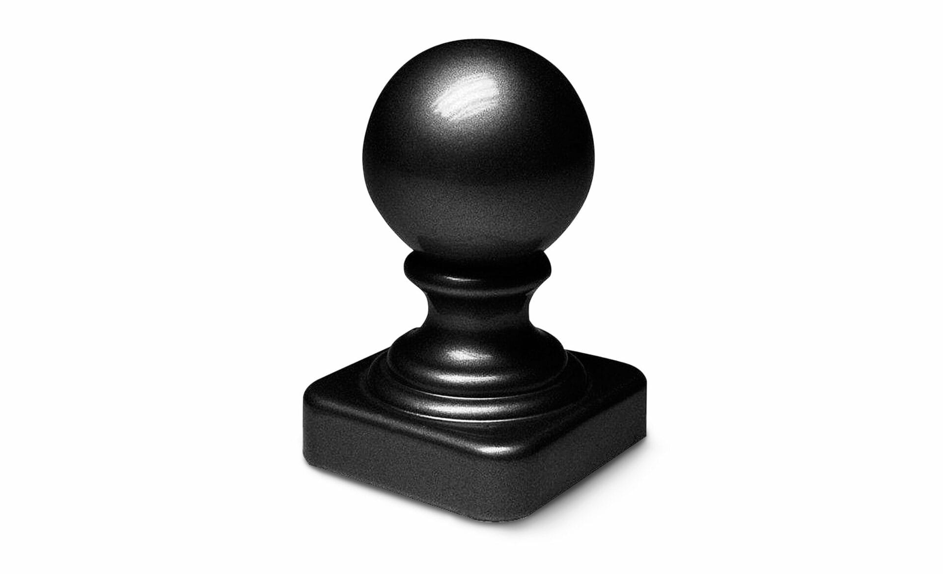 An aluminum fence post cap with a ball shape.