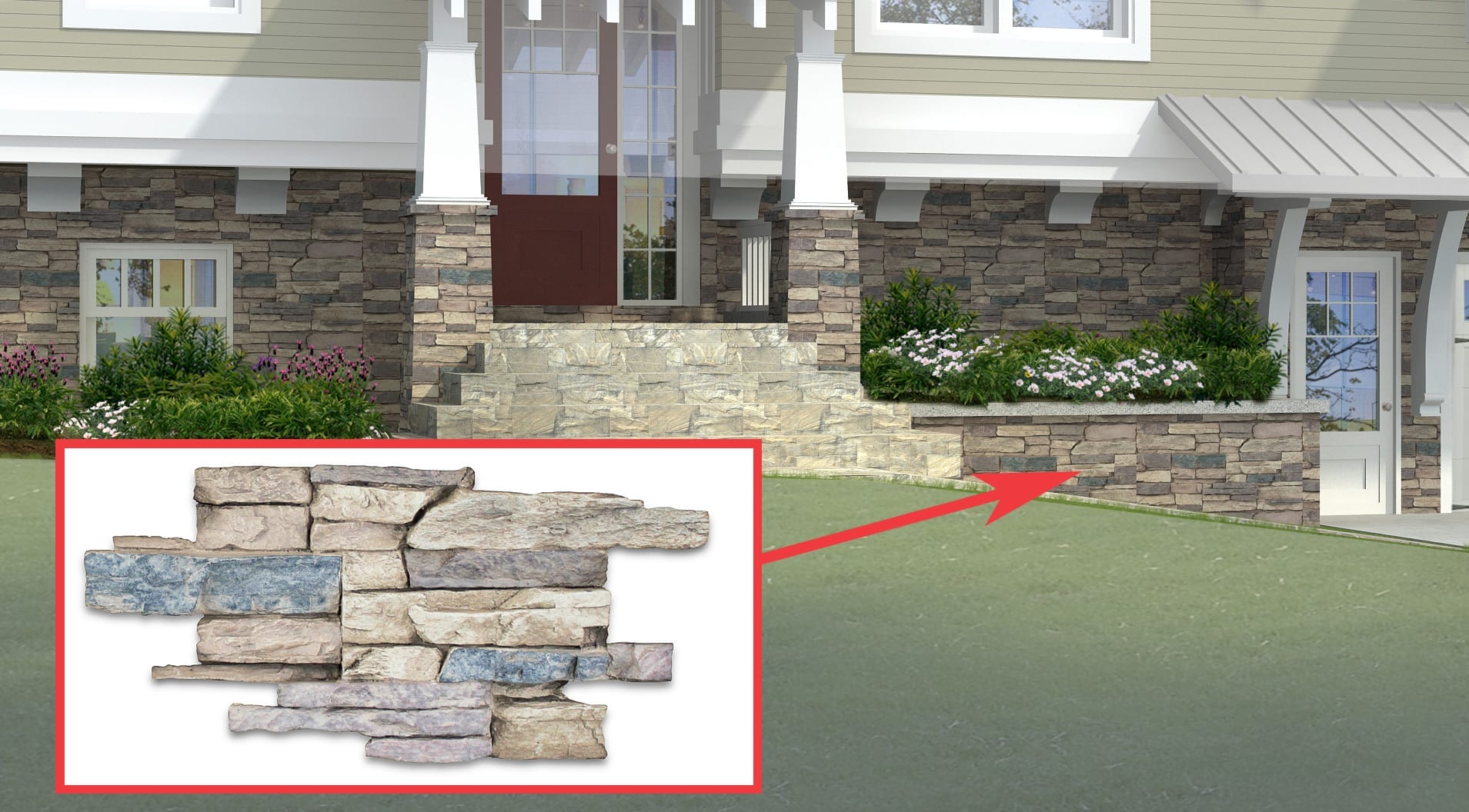 Close-up on the exterior stone veneer siding.