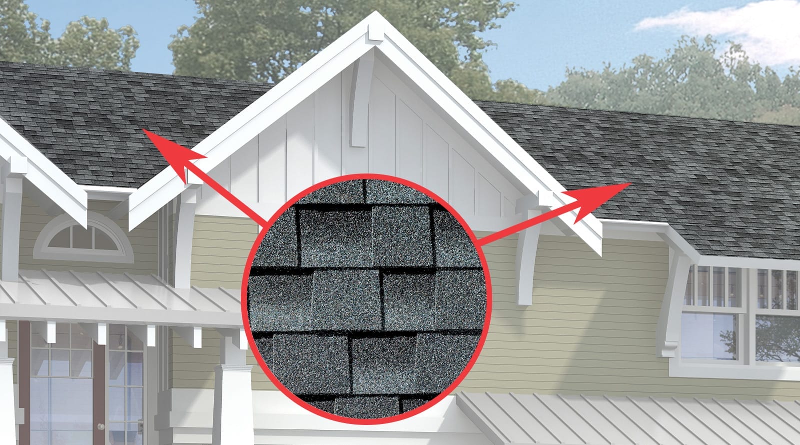 Close-up on architectural roof shingles.