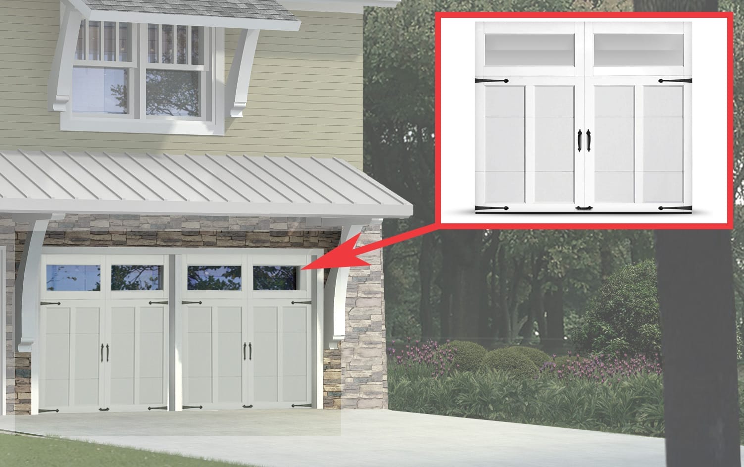 Close-up on white garage doors.