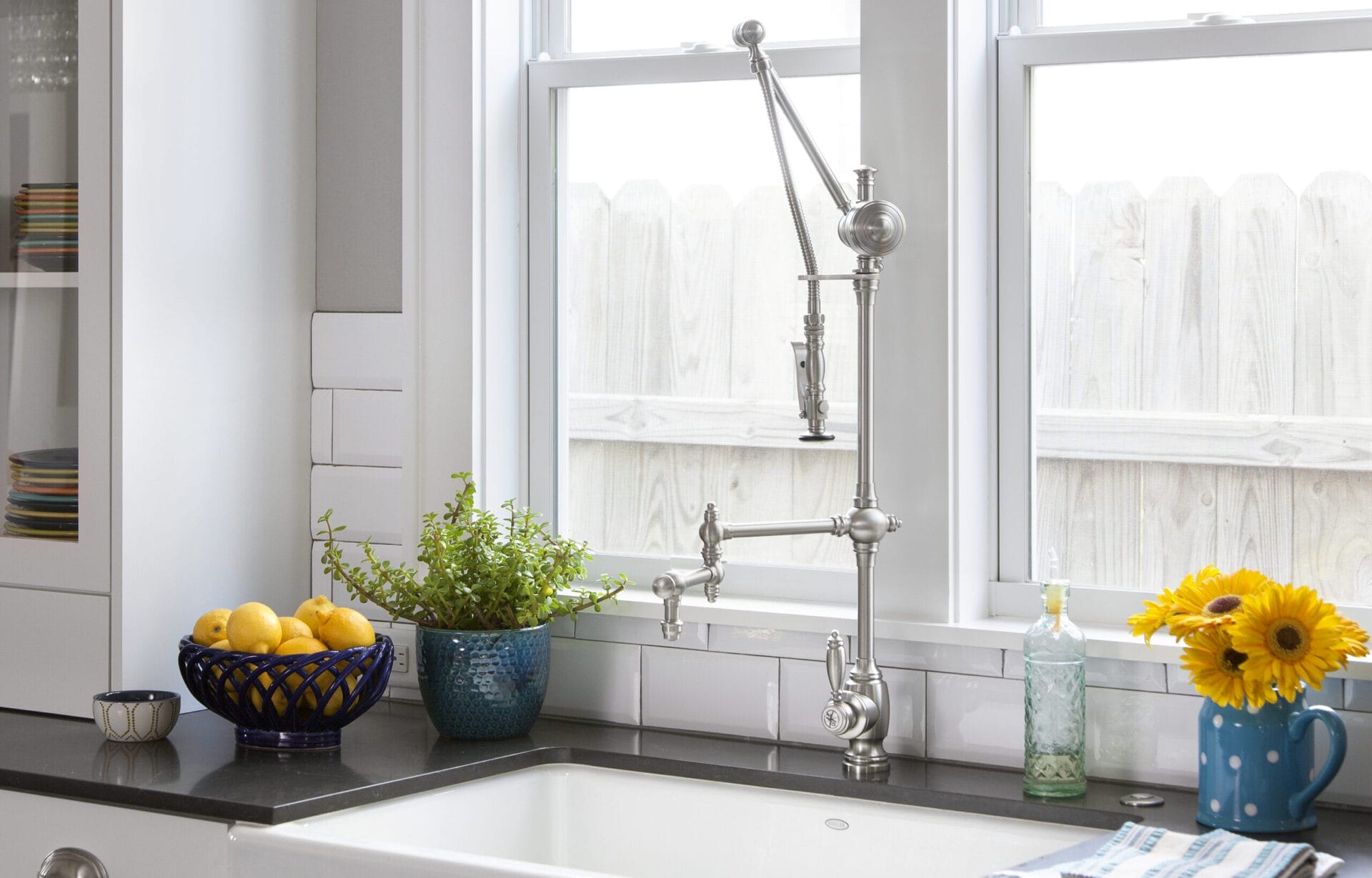 Restaurant-style pot filler sink faucet.