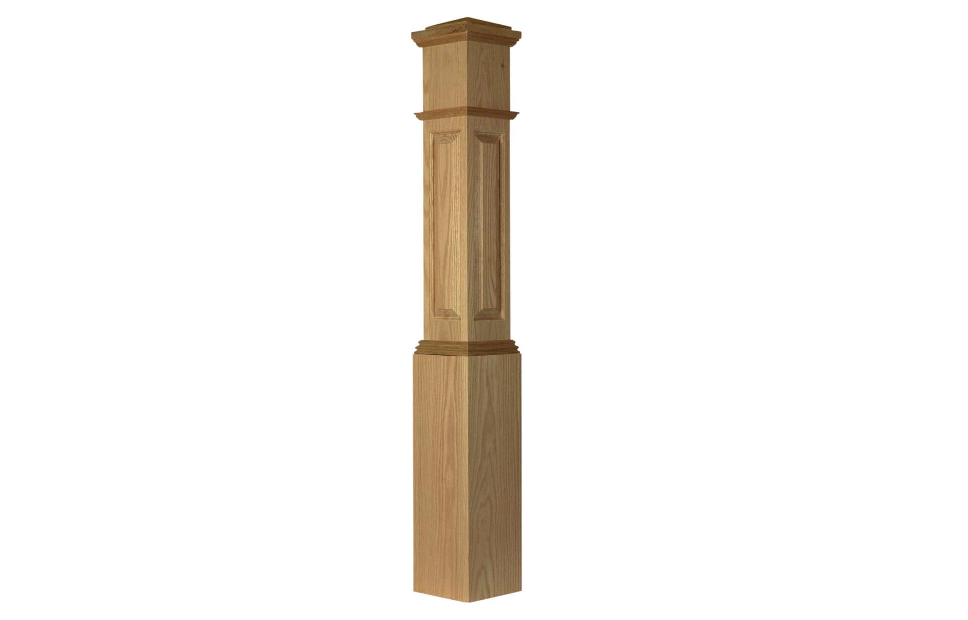 Red oak newel post with panel design.