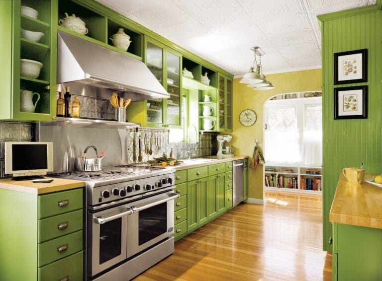 Lime green galley kitchen with citrus-inspired colors.