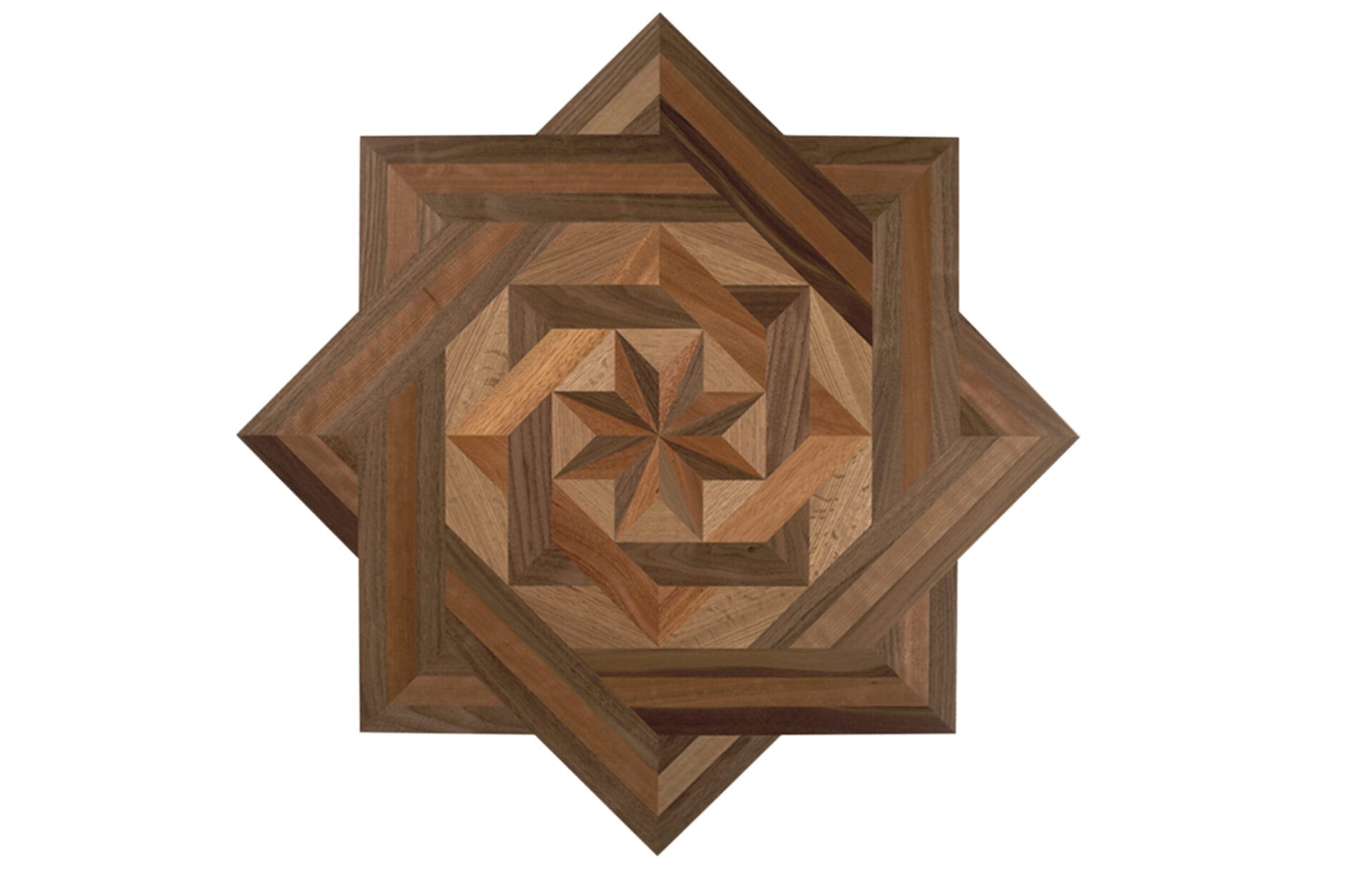 Hardwood floor medallion with inlay pattern.