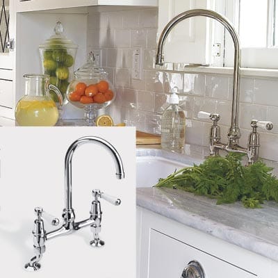 Regent Porcelain Handle Gooseneck Bridge Faucet.