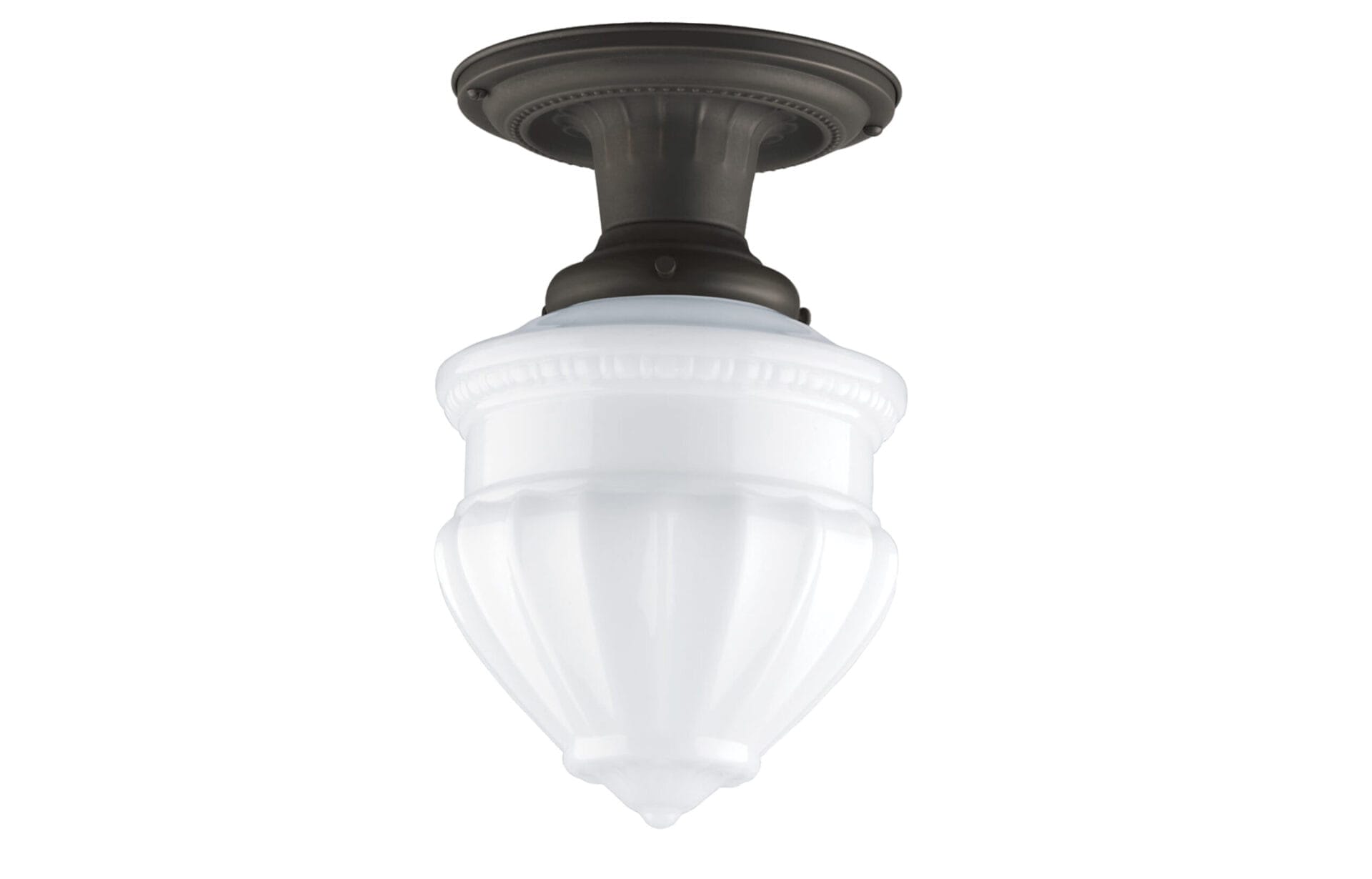 Glass-shade ceiling fixture with brass body.