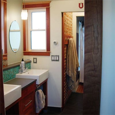 Wooden trim in a bathroom.