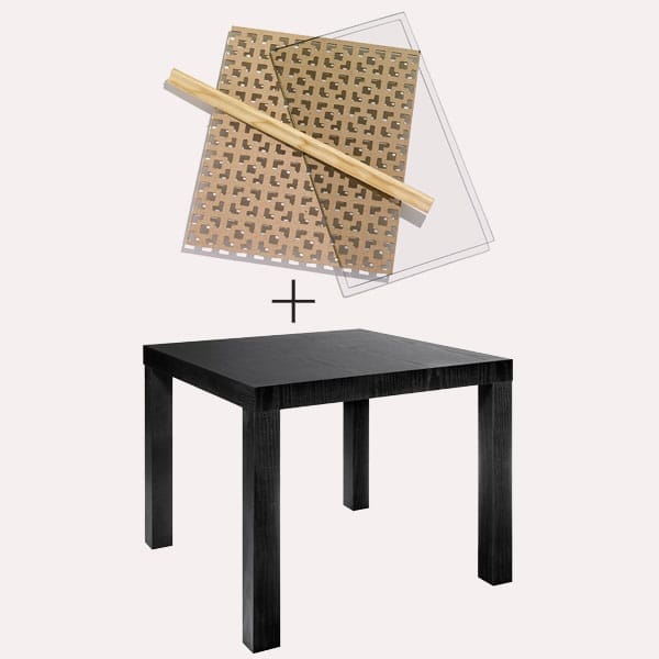 Illustration of a table, a plus sign, and an image of the overlay above.