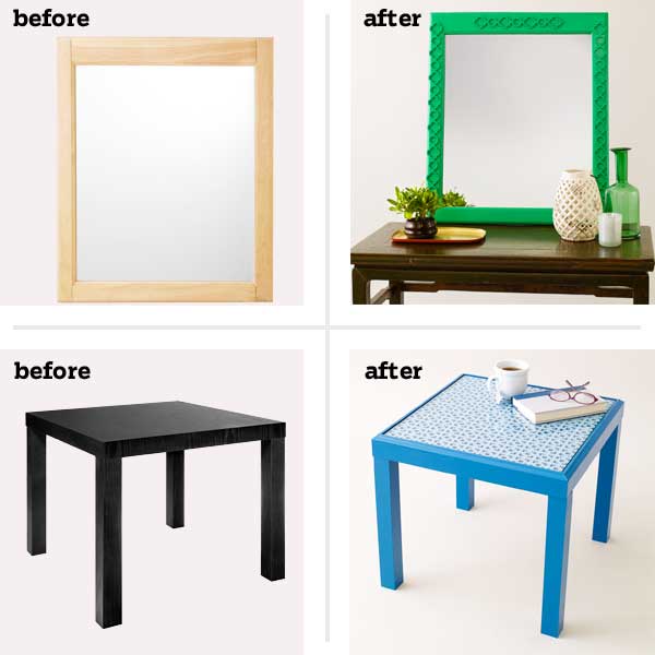 Pictures of furniture before and after overlays.