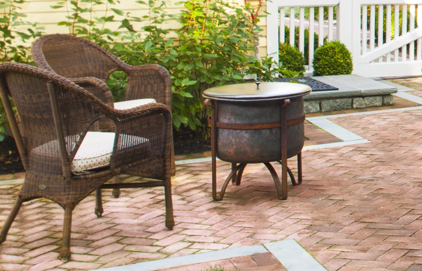 Patio with a small portable firepit 