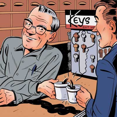 A cartoon of someone talking with a man at the hardware store