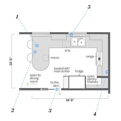 Renovated floor plan with curved peninsula expanding space by 50 square feet.