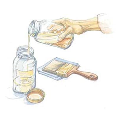 A drawing of someone pouring paint thinner into a jar